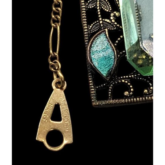 Artistry Green Glass Filigree Framed Pendant Necklace Enamel & Faux Pearl Accent - Picture 11 of 16